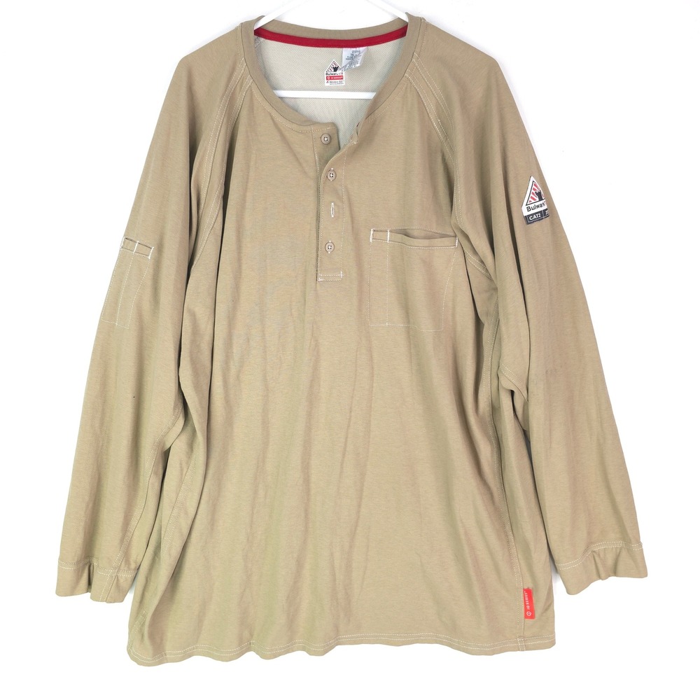 Bulwark FR iQ Series Mens XXL Tall 2XLT Khaki Tan Flame Resistant Henley Shirt - Picture 2 of 16